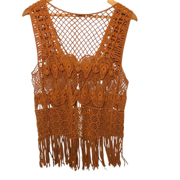 Kontrol Contemporary Boho Crochet Vest Sz S Sienna Brown Fringe Western Festival - Picture 5 of 10